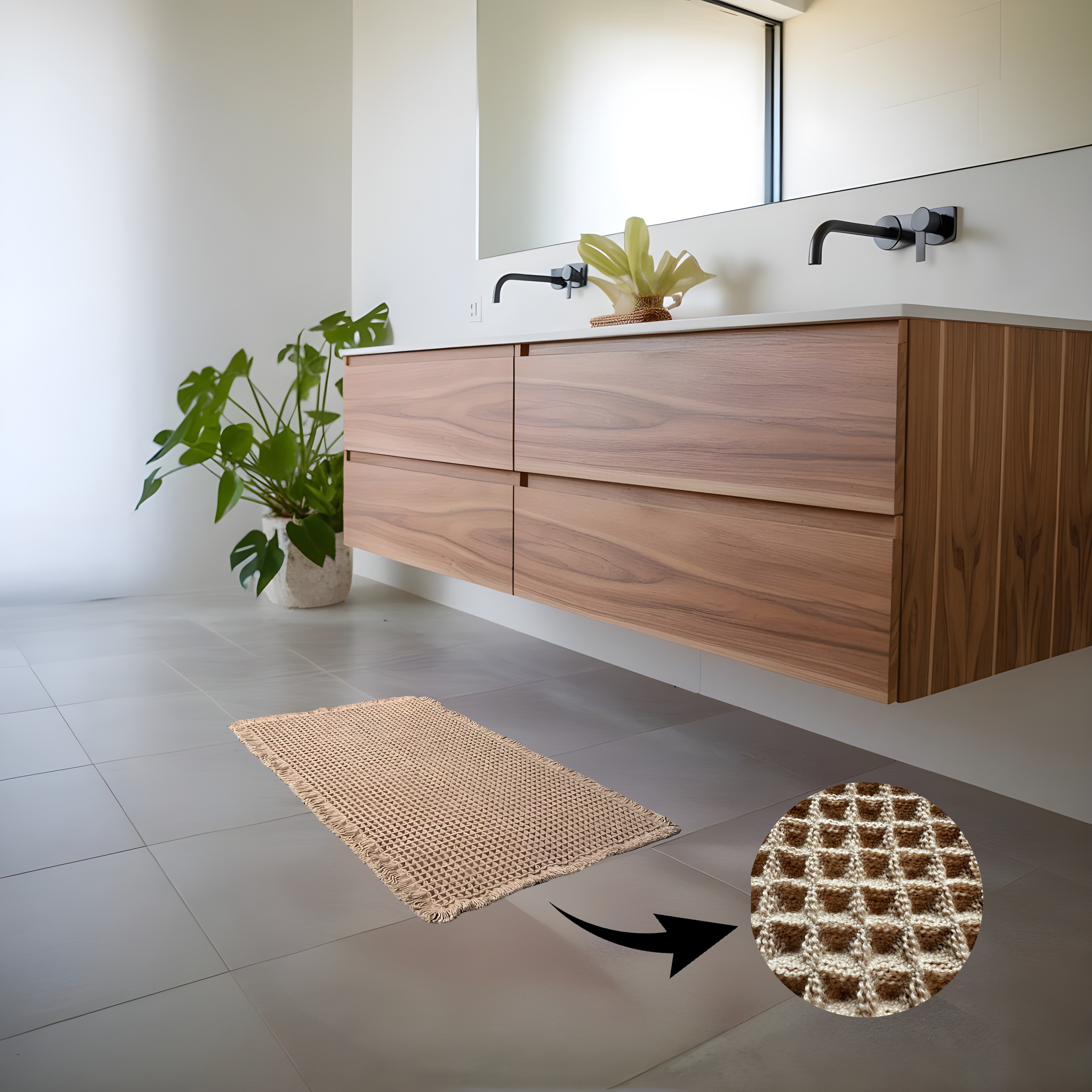 Bath mat with wooden vanity